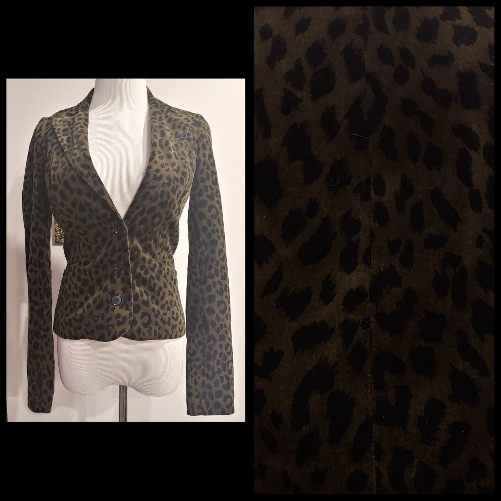 Betsey Johnson Signature Leopard Olive Suit Blazer 6 Small vintage y2k